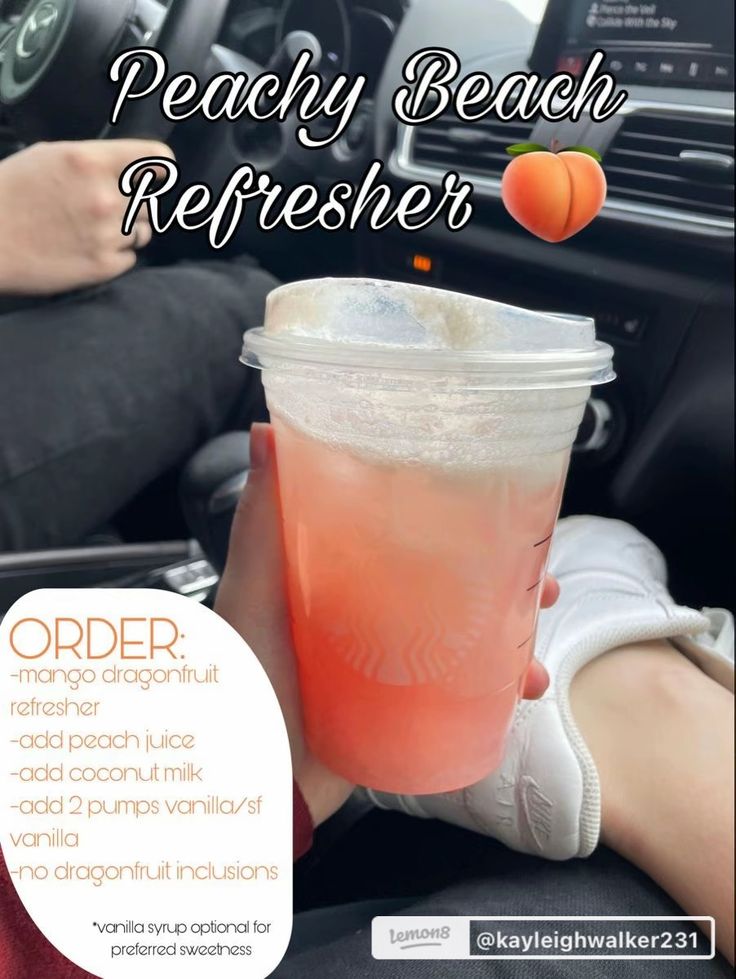 a person holding a drink in their hand and the words peachy beach refresher