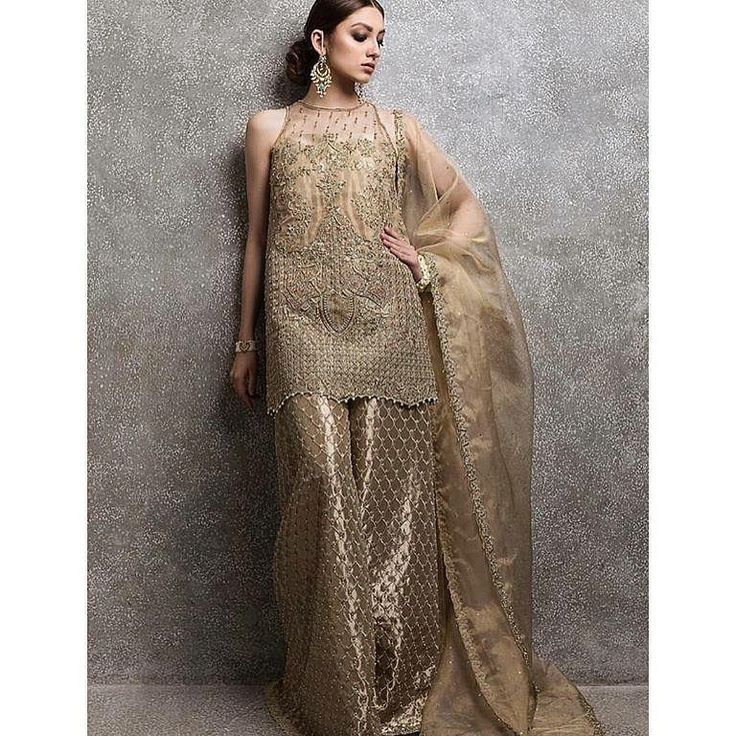 Pakistani Suits Party Wear Latest, Black And Golden Dress, Pakistani Suits Party Wear, Embroidered Sharara, Diwali Outfits, Desi Wedding Dresses, Light Golden Brown, Kurti Designs Latest, Luxury Party