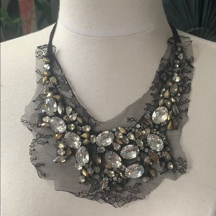 Vera Wang Lace And Jewel Bib Necklace - Black And Silver Colors. One Jewel Missing But Not Very Noticeable, You Can Also Take From One Of The Side Jewels And Replace It Elegant Black Rhinestone Necklace For Wedding, Elegant Black Rhinestone Necklace For Formal Occasions, Elegant Black Rhinestone Necklace For Formal Events, Silver Bib Necklace Choker For Evening, Silver Embellished Necklace For Gift, Elegant Embellished Rhinestone Necklace For Party, Elegant Black Rhinestone Necklace For Party, Elegant Crystal Embellished Necklace, Glamorous Silver Bib Necklace For Evening