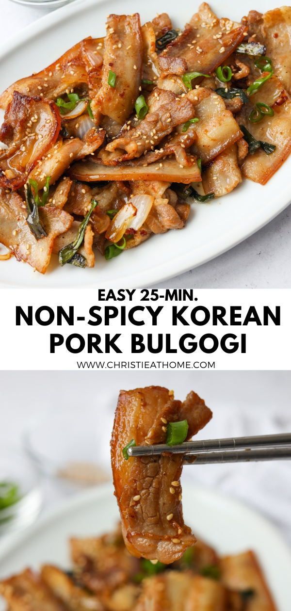 two plates with food on them and the words easy 25 min non - spicy korean pork bulgogi