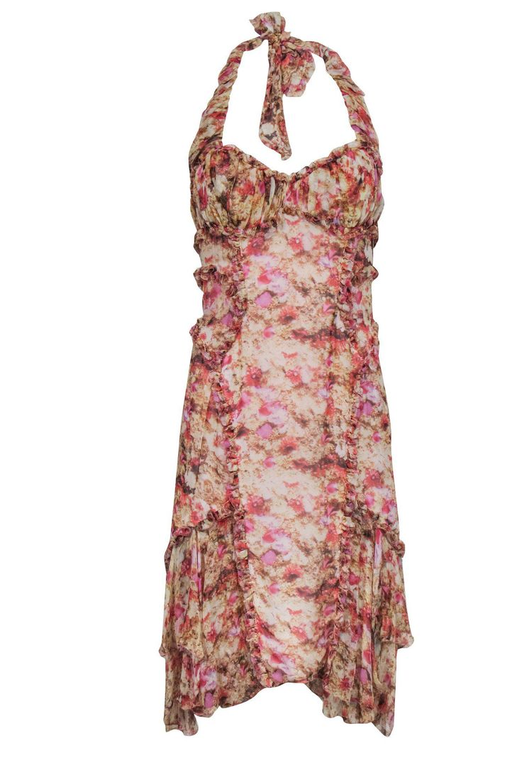 Current Boutique-Zac Posen - Pink Floral Silk Halter Dress Sz 6 Feminine Chiffon Floral Dress With Ruffles, Feminine Floral Chiffon Dress With Ruffles, Chiffon Midi Floral Dress With Ruffles, Chiffon Floral Midi Dress With Ruffles, Chic Flowy Floral Print Ruffle Dress, Floral Chiffon Midi Dress With Ruffles, Chic Flowy Ruffle Dress With Floral Print, Floral Print Ruffle Party Dress, Flowy Floral Print Mini Ruffle Dress