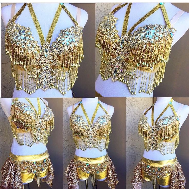 four different views of a woman's gold and silver belly dance top with chains on it