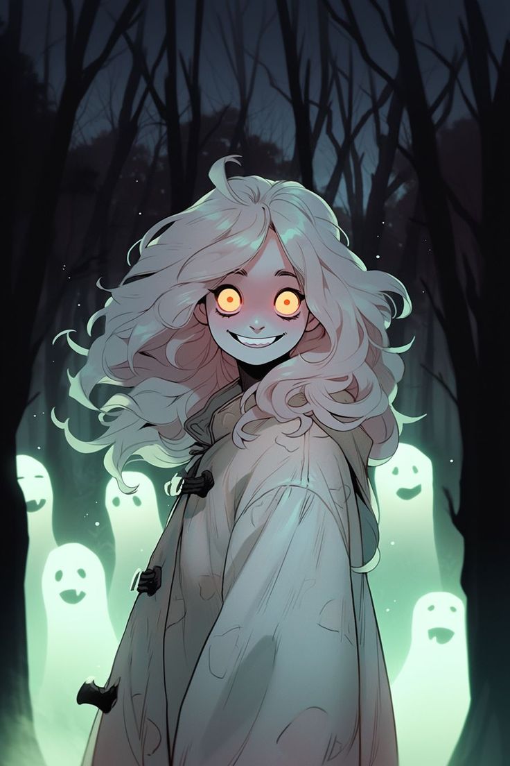 a drawing of a girl with glowing eyes in the woods