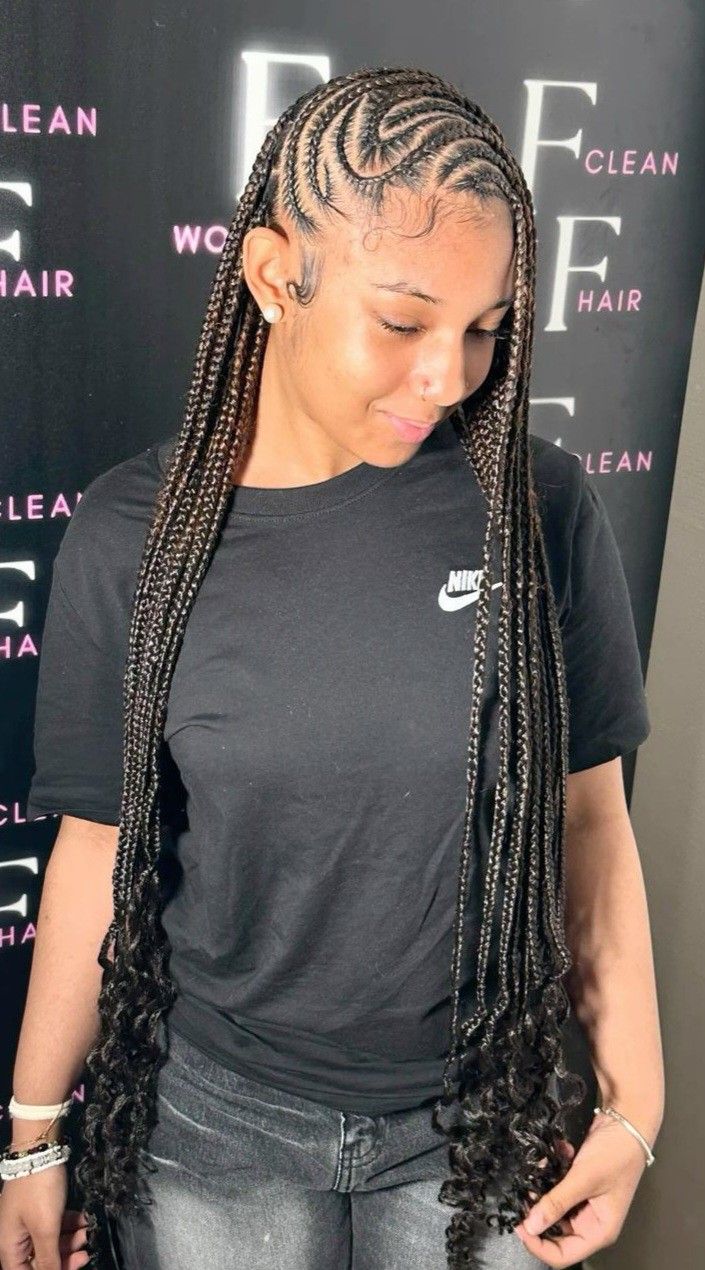 Backwards Cornrow Hairstyles, Conrow Braids Hairstyles All Back, Alicia Keys Braids Hairstyles Fulani, Simple Lemonade Braids, Braid Hairstyles For Vacation, Freestyle Lemonade Fulani Braids, Lemonade Box Braids, Fulani Braids To The Side, Cornrows With Curls At The End