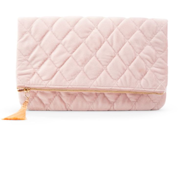 Made from chic, soft blush pink velvet, the single pouch fold over clutch has a top zip closure with a cute gold tassel, and two magnetic snaps to maintain the attractive straight line fold. Its single, large zip pocket the perfect size for a clutch, it can hold your wallet and cell phone as well as other going out essentials! Rich in color and style. The diamond quilted fold over clutch can be a fashionable favor gift for the ladies in a bridal party to use on the wedding day or for a gift to t Luxury Pink Rectangular Pouch, Fold Over Clutch, Foldover Clutch, Velvet Clutch, Pink Clutch, Straight Line, Diamond Quilt, Pink Velvet, Fold Over