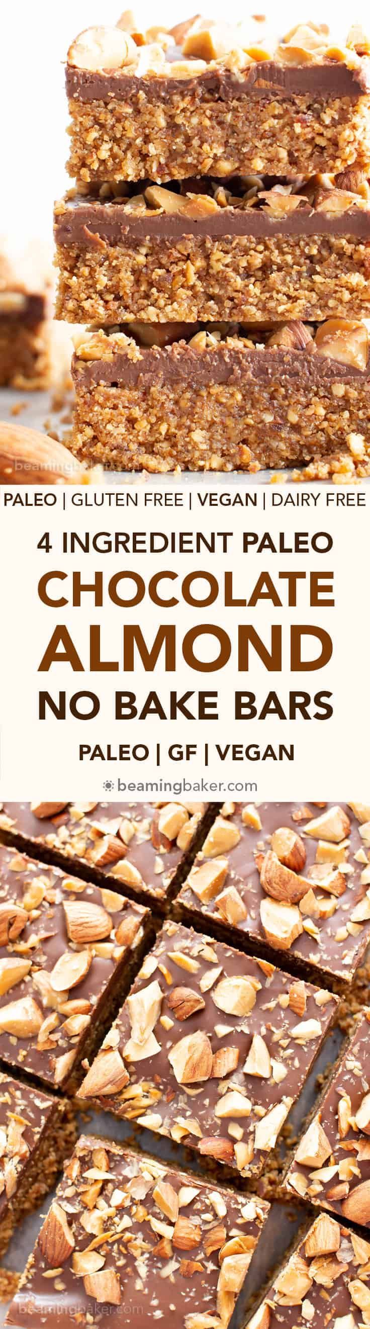 chocolate almond no bake bars stacked on top of each other with text overlay