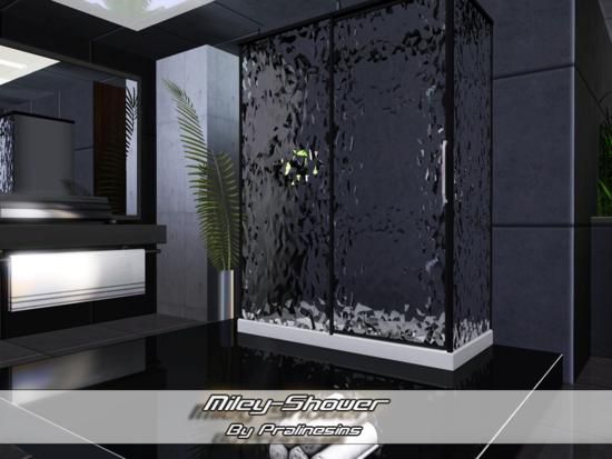 a black and white bathroom with a large shower in the middle of it's walls