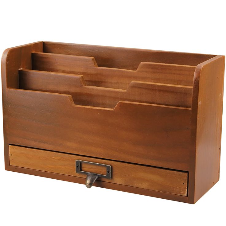 a wooden desk organizer with three compartments