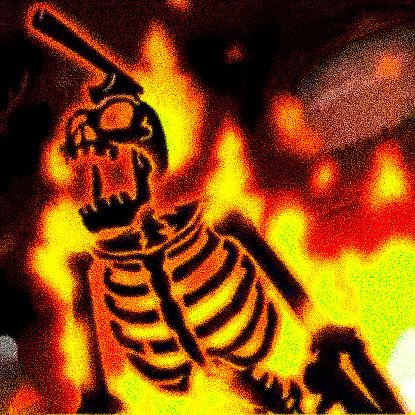 a skeleton with a baseball bat in its hand and flames behind it, as well as the