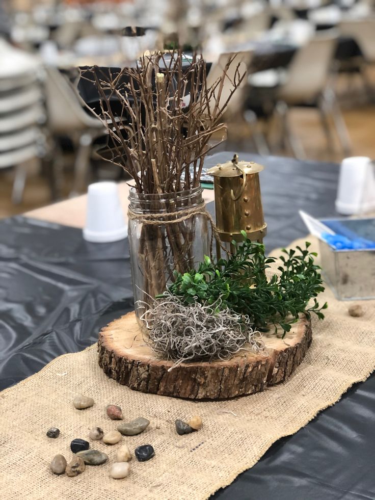 Wood rustic men’s dinner Masculine Party, Retirement Party Centerpieces, Winter Wedding Party, Snowflake Centerpieces, Diy Winter Wedding, Rustic Table Centerpieces, Winter Wedding Table, Rustic Winter Wedding, Diy Winter