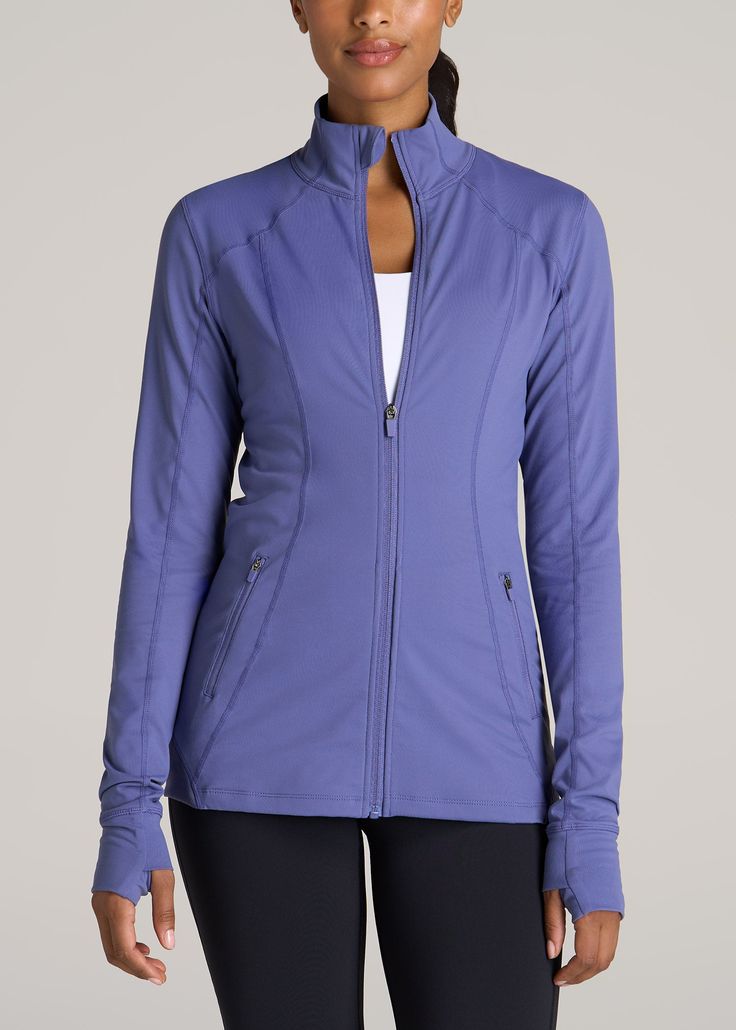 American-Tall-Women-Warm-Up-Jacket-Marlin-Blue-front Outdoor Long Sleeve Activewear With Zipper Closure, Moisture-wicking Blue Outerwear For Workout, Blue Moisture-wicking Outerwear For Workout, Blue Stretch Track Jacket, Sport Long Sleeve Outerwear With Ykk Zipper, Fitted Sports Track Jacket With Pockets, Blue Long Sleeve Workout Track Jacket, Functional Sports Track Jacket With Ykk Zipper, Midweight Athleisure Track Jacket For Sports