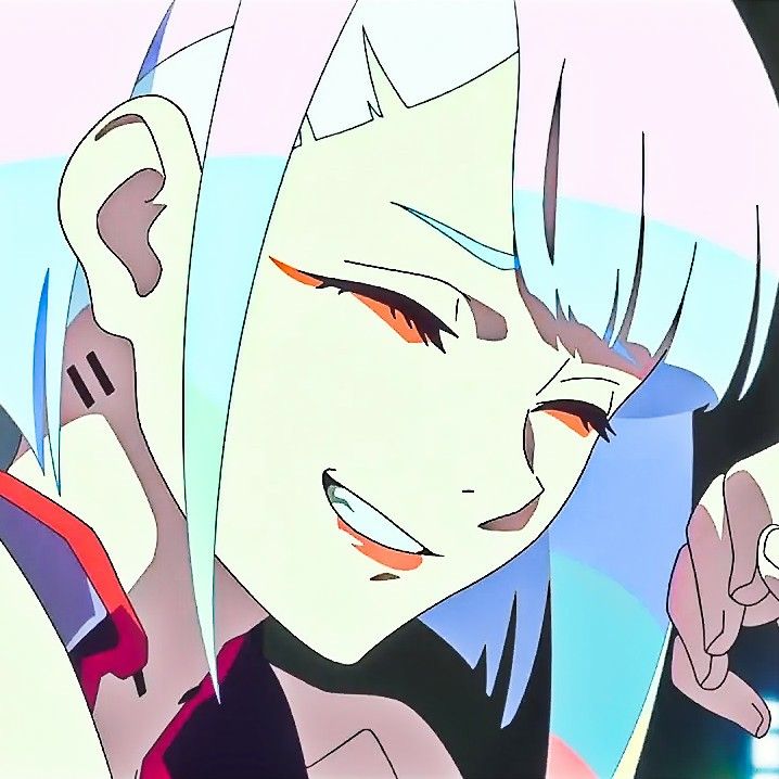 an anime character with white hair and orange eyes pointing to the side while holding a cell phone in her hand