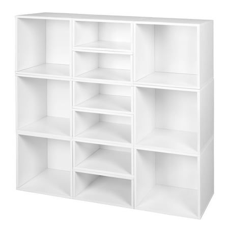 a white bookcase with six shelves on each side