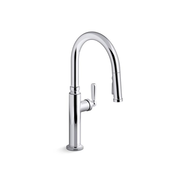 a kitchen faucet with chrome finish