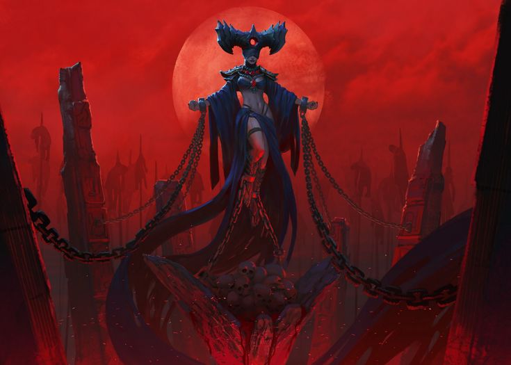 a demonic demon standing in the middle of a city with chains hanging from it's sides