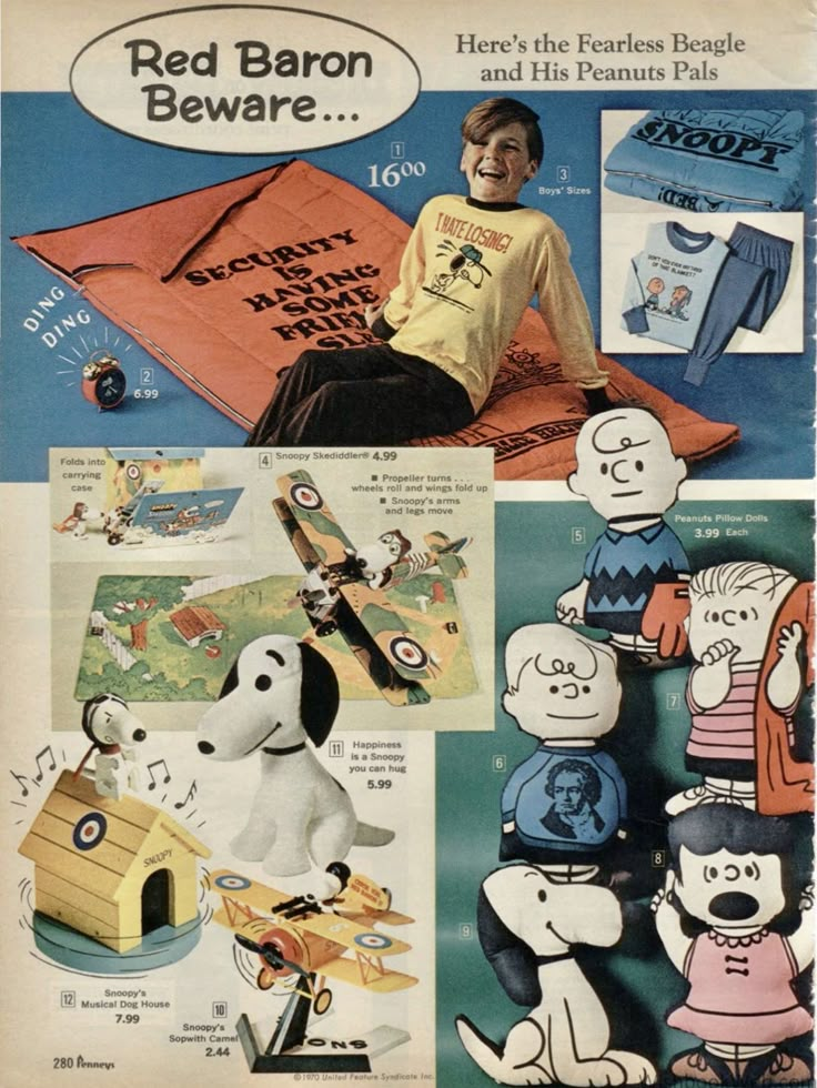 an advertisement for red baron beware featuring cartoon dogs and children's toys, from the 1950's