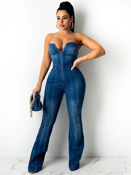 Fabric: 71%-80%Polyester. and spandex. it is soft. lightweight. breathable. and comfortable to wear.Feature: Off-shoulder. sleeveless. v neck. zipper. lace-up. backless. high waist. flare-bottom. color block patchwork. long pants. one-piece romper. Denim Shorts Outfit, Jumpsuit Online, Strapless Jumpsuit, Blue Jumpsuits, Jumpsuits And Romper, Jacket Outfit, Denim Romper, Jumpsuit Fashion, Denim Jumpsuit