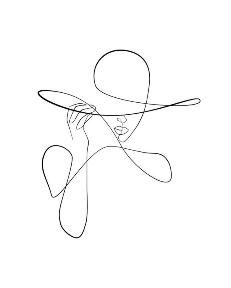 a continuous line drawing of a woman's face with her hands in the air