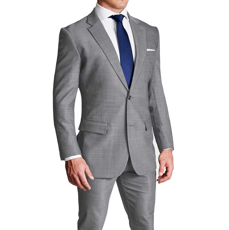 Athletic Fit Stretch Suit - Heathered Grey Gray Business Suits With Notch Lapel, Professional Gray Suit With Notch Lapel, Tailored Gray Suit For Formal Occasions, Tailored Suits For Business Meetings, Classic Suit And Tie Accessories For Business Meetings, Tailored Timeless Suit For Business Meetings, Professional Gray Formal Suit, Elegant Fitted Suits For Business Meetings, Timeless Fitted Gray Suit