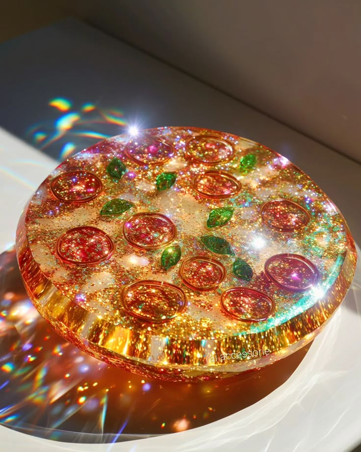 a round glass object with many different colored stones on it's surface, sitting on a table