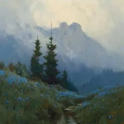 a painting of a mountain stream with blue flowers in the foreground and clouds in the background