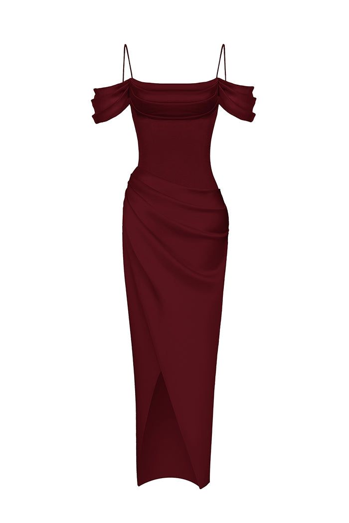 Red Gala Dresses Off Shoulder, Off The Shouder Red Dress, Ruched Burgundy Dress, Luxury Red V-neck Dresses, Red Satin Dress Long Off The Shoulder, Off The Shoulder Cowl Neck Satin Dress, Cheap Red Off-shoulder Dress, Bordo Elegant Dress, Burgundy Dress Formal Midi