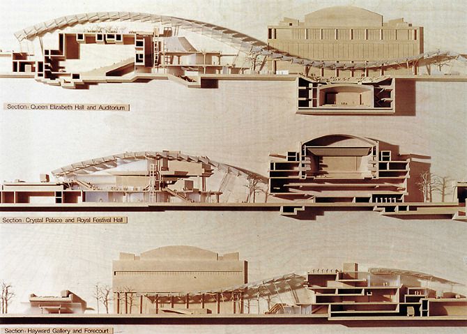 three different architectural drawings of buildings and structures