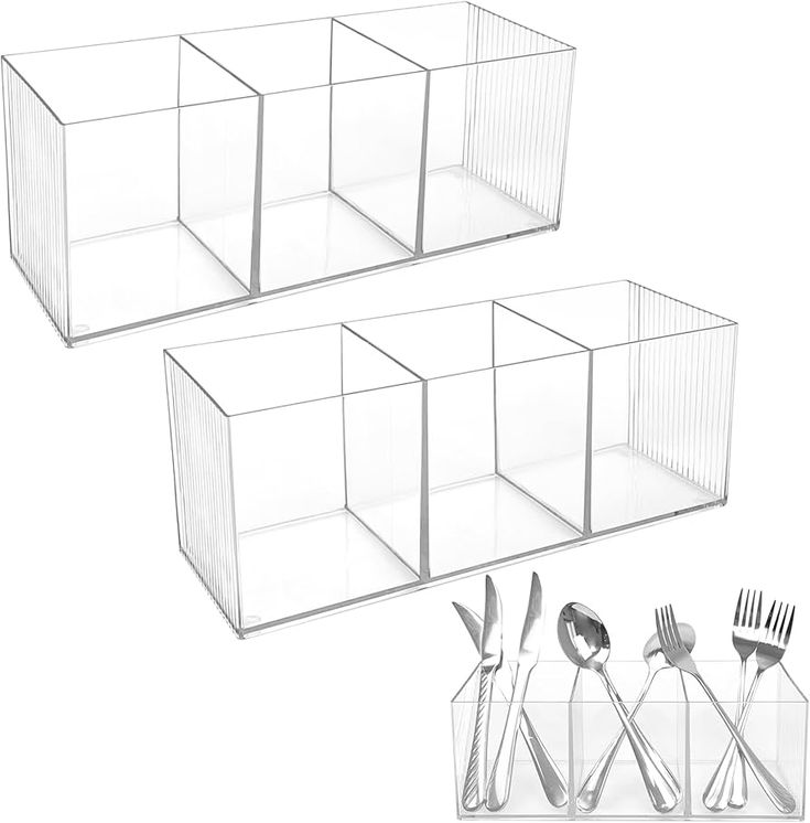 three clear plastic containers with forks and spoons in them, next to each other