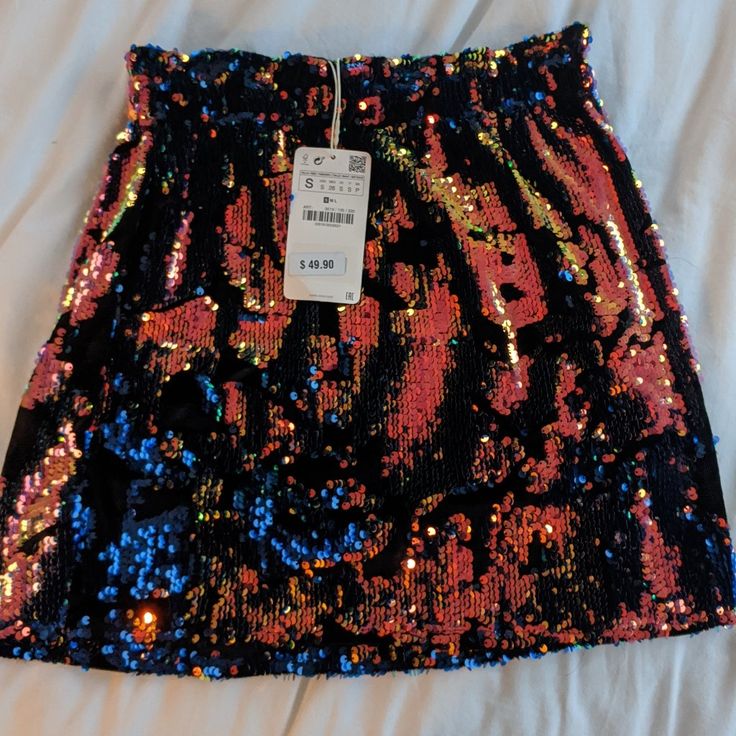 Gorgeous Skirt From Zara. Sequins Have A Blue And Orange Tinge, And The Base Of The Skirt Is A Black Velvet. Elastic Waist Is Super Flattering For All Shapes. Multicolor Mini Skirt For Spring Night Out, Spring Multicolor Mini Skirt For Night Out, Zara Lined Skirt For Party, Stretch Orange Skirt For Party, Zara Multicolor Party Bottoms, Casual Multicolor Party Skirt, Casual Multicolor Skirt For Party, Zara Multicolor Skirt For Summer, Zara Skort For Spring Party