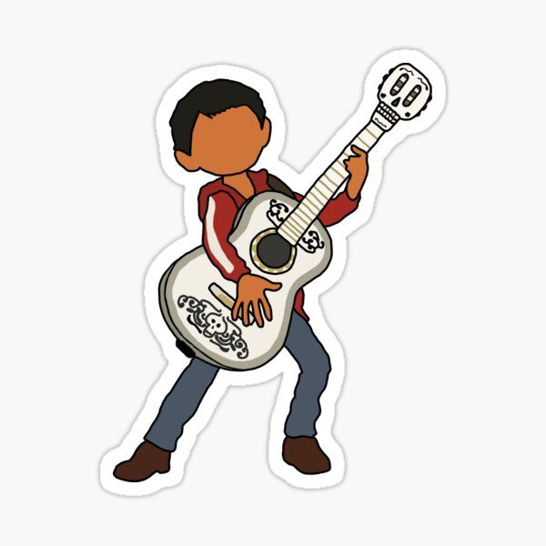 a sticker with an image of a man holding a guitar in one hand and wearing a skull on the other