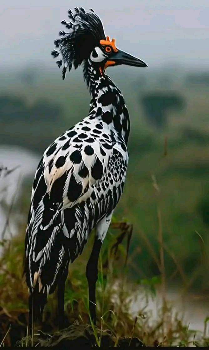 a black and white bird standing on top of a grass covered hill next to a river