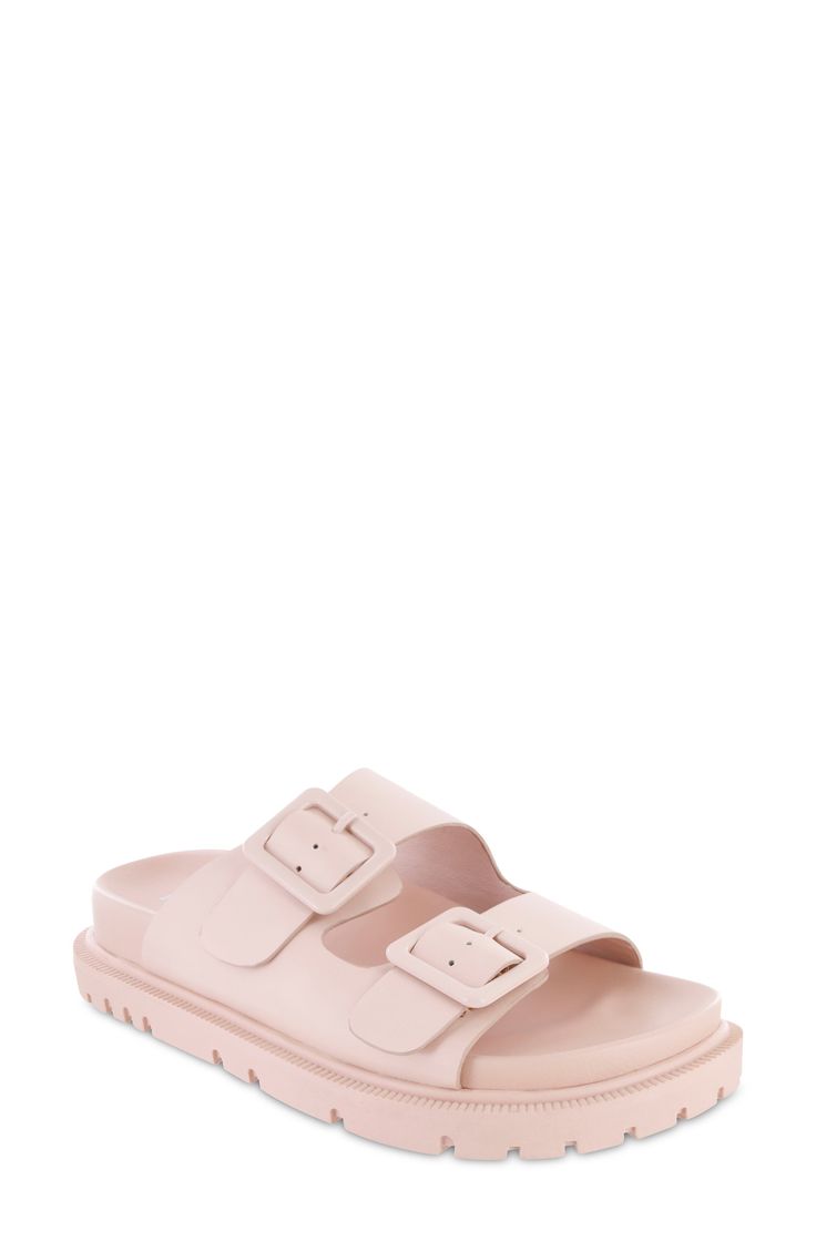 Adjustable straps offer a perfect fit in a laid-back slide set atop a flexible sole and contoured footbed. 1 1/2" heel; 1" platform Adjustable straps with buckle closures Synthetic upper, lining and sole Imported Pink Slide Sandals With Buckle Closure, Pink Synthetic Footbed Sandals With Buckle Closure, Pink Slides With Buckle Closure, Synthetic Slide Footbed Sandals With Buckle Closure, Synthetic Slip-on Slides With Buckle Closure, Synthetic Buckle Closure Slip-on Slides, Pink Synthetic Slides With Buckle Closure, Synthetic Slides With Adjustable Straps And Round Toe, Spring Slides With Double Strap And Buckle Closure