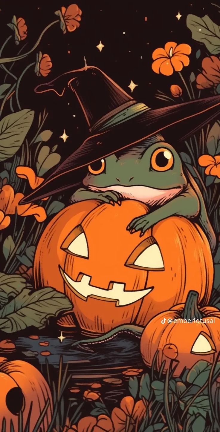 a frog wearing a witches hat sitting on top of a pumpkin