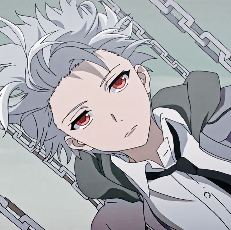 an anime character with grey hair and blue eyes