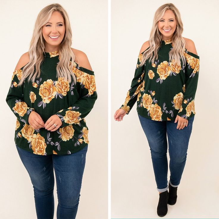 This top is absolutely darlin'! It has the prettiest floral pattern with a neutral color you can dress up or down for every occasion! It's comfortable for all-day wear, has a figure-flattering fit, and features a cold-shoulder design that's just too cute! Simply, pair this top with skinnies and boots for an easy everyday outfit! 
63% Polyester, 33% Rayon, 4% Spandex
Made In USA Printed Tops For Day Out In Fall, Chic Floral Print Tops For Fall, Green Floral Print Tops For Fall, Floral Print Tops For Day Out In Fall, Floral Print Tops For Fall Day Out, Floral Print Tops For Fall, Green Floral Print Fall Tops, Fall Floral Print Off-shoulder Tops, Hunter Green Color