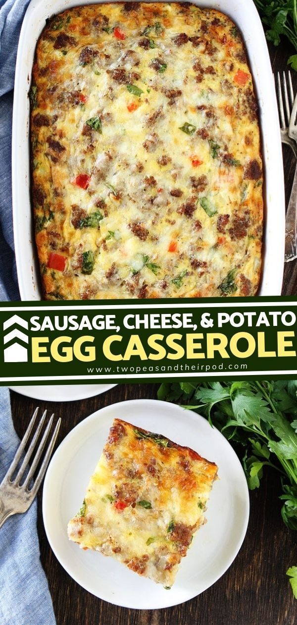 sausage, cheese and potato egg casserole on a wooden table