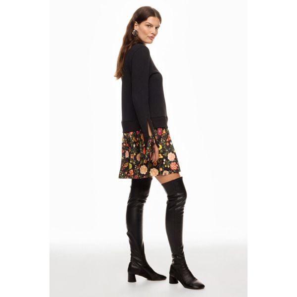 Black Floral (Main: 100% Cotton; Secondary: 100% Polyester). Casual Dresses. Crew Neck. Long Sleeve. Pull On. Shoulder to Hemline Length: 33.5". Imported. Winter Floral Print Mini Dress, Winter Workwear Knee-length Mini Dress, Knee-length Mini Dress For Winter Workwear, Fall Stretch Knee-length Mini Dress, Chic Winter Mini Dress With Floral Print, Chic Winter Floral Print Mini Dress, Knee-length Mini Dress For Fall Workwear, Fall Mini Dress For Workwear, Knee-length, Knee-length Winter Floral Mini Dress