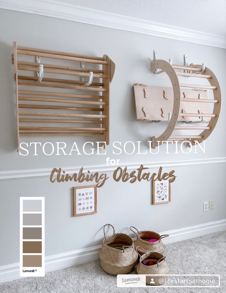 storage solution for climbing obstaples in the corner of a room with two baskets on the floor