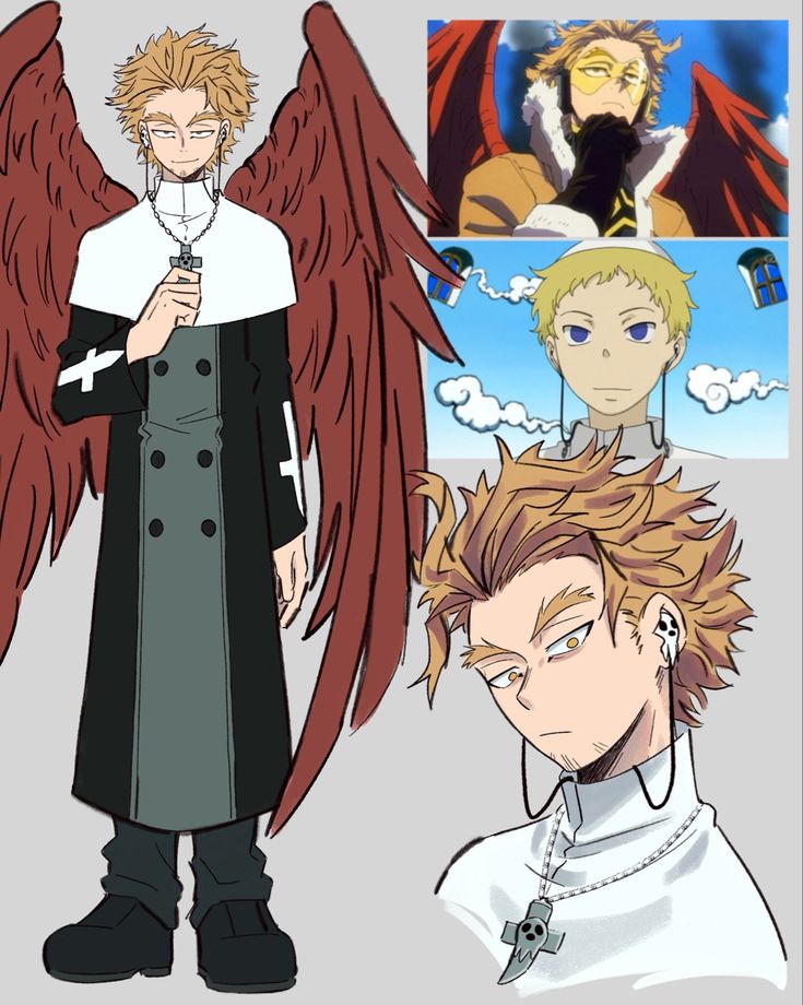 an anime character with red wings standing next to another character in black and white clothes