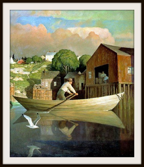 a painting of a man in a boat on the water with birds flying around him