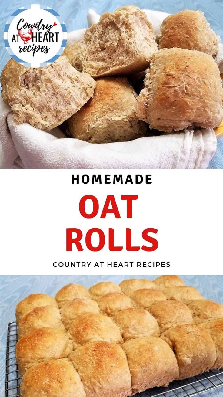 homemade oat rolls on a cooling rack with text overlay reading homemade oat rolls country at heart recipes