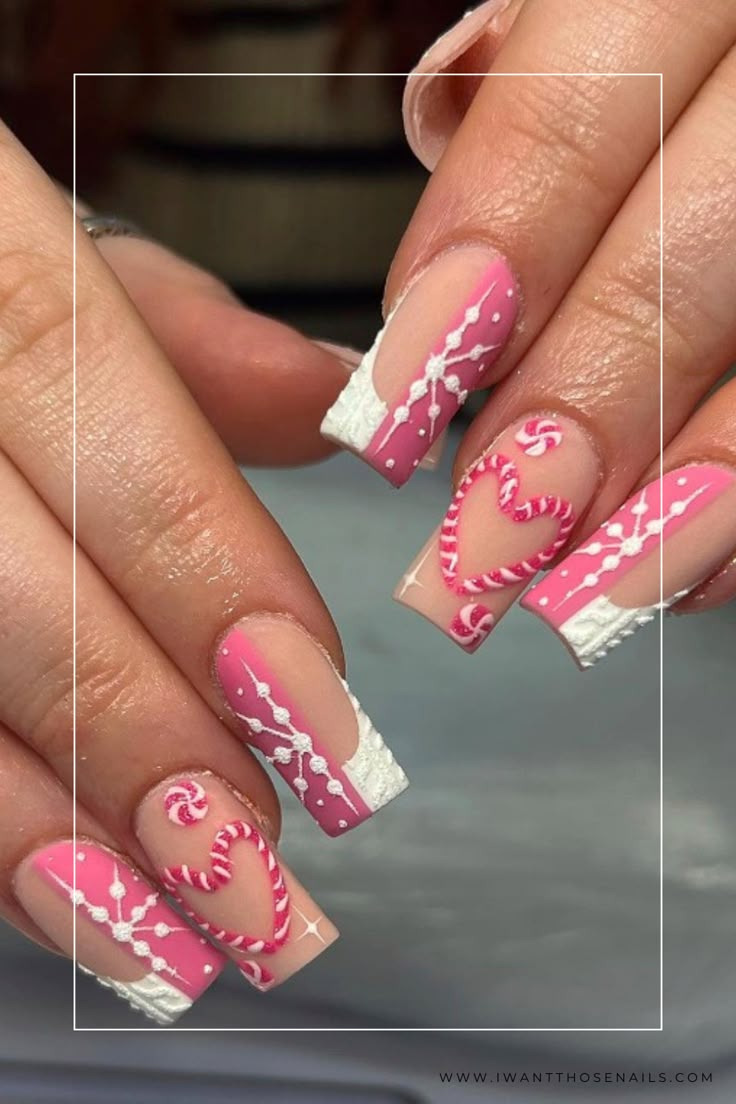 acrylic pink christmas nails Nails With Christmas Design, Nails Almond Christmas, Pink And White Acrylic Nails, Almond Christmas Nails, Christmas Nails Almond, Christmas Nails Cute, Christmas Nail Designs Acrylic, Pink Christmas Nails, Christmas Nails Designs