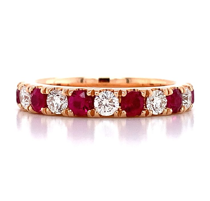 Ruby & Round Brilliant-cut Diamonds Eternity BandMetal: 18K Rose GoldRuby: 110 Round cuts 1.14ctw & 11 Ruby 0.94ctwSize: US 6 W: 4mm Luxury Heirloom Ruby Ring With Round Band, Luxury Ruby Eternity Band In Classic Style, Luxury Ruby Classic Eternity Band, Luxury Ruby Eternity Band For Formal Occasions, Luxury Channel Set Ruby Ring Fine Jewelry, Luxury Fine Jewelry Ruby Stackable Rings, Luxury Round Rose Gold Ruby Ring, Luxury Rose Gold Round Ruby Ring, Luxury Ruby Eternity Band In Fine Jewelry Style