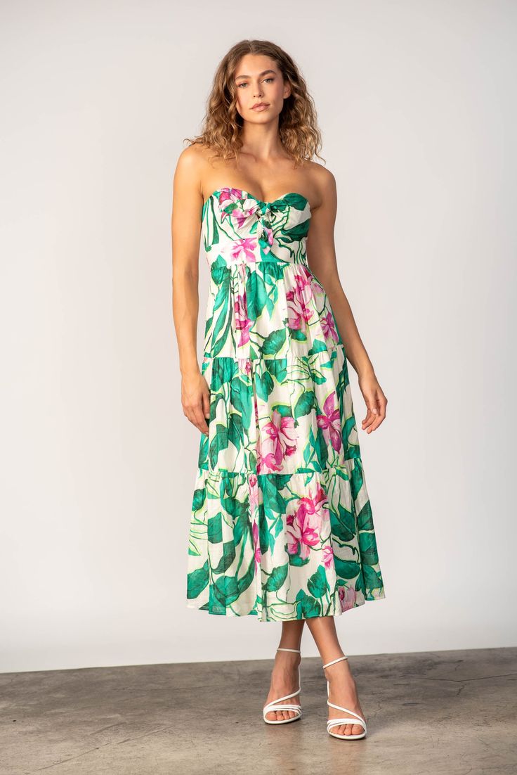 Tessa Dress by Lavender Brown Multicolor Tropical Strapless Dress, Tropical Multicolor Strapless Dress, Strapless Summer Maxi Dress With Floral Print, Strapless Floral Print Summer Maxi Dress, Floral Print Bandeau Strapless Dress For Beach, Spring Strapless Maxi Dress With Floral Print, Strapless Maxi Dress For Garden Party, Off-shoulder Floral Print Sundress, Floral Print Off-shoulder Sundress