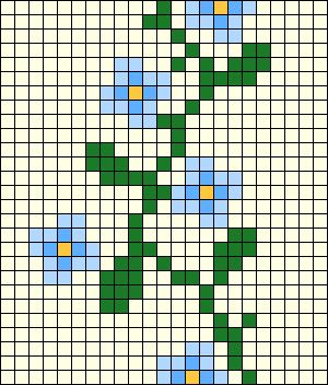 a cross stitch pattern with blue, yellow and green flowers on white squares in the middle