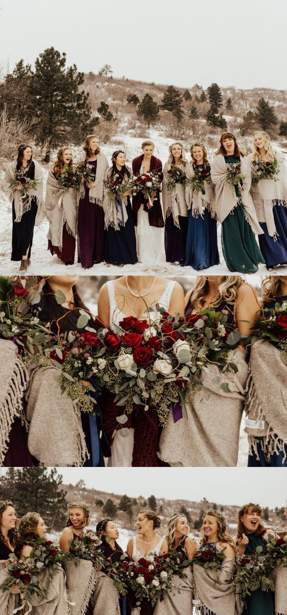 the bride and her bridal party are dressed in winter clothes with flowers on them