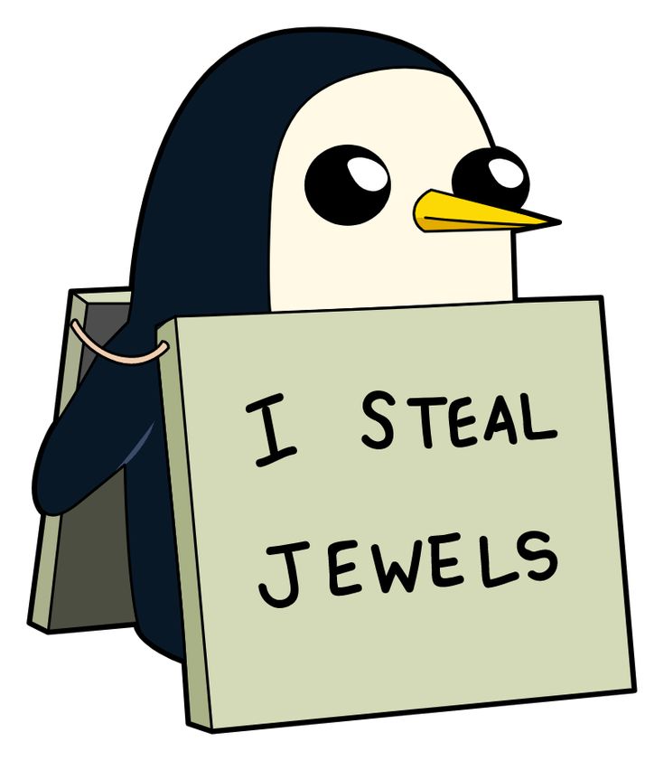 a penguin holding a sign that says i steal jewels