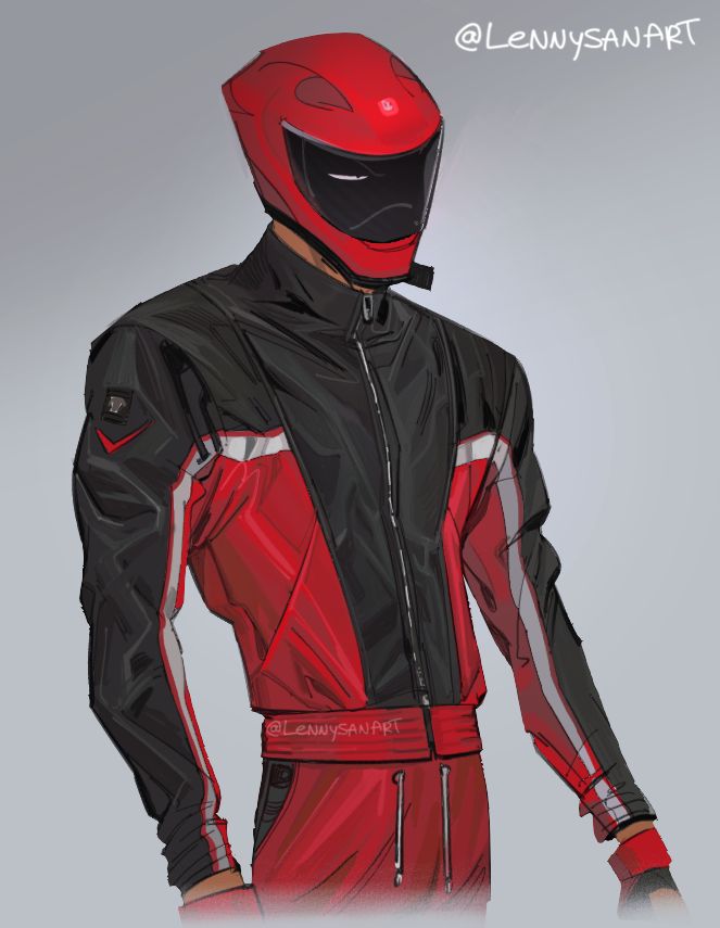 a drawing of a man in a red and black suit with a helmet on his head