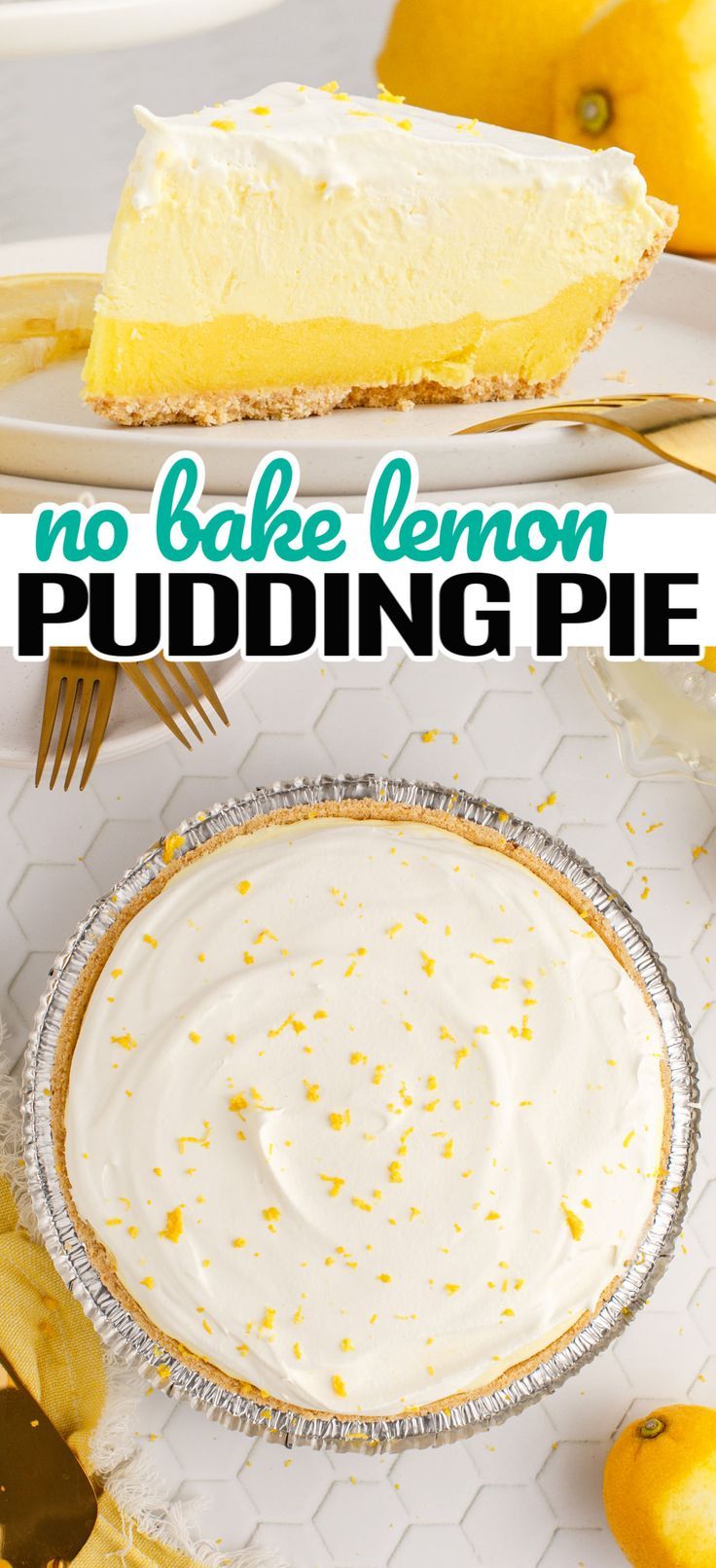 no bake lemon pudding pie on a plate with the title overlay above it