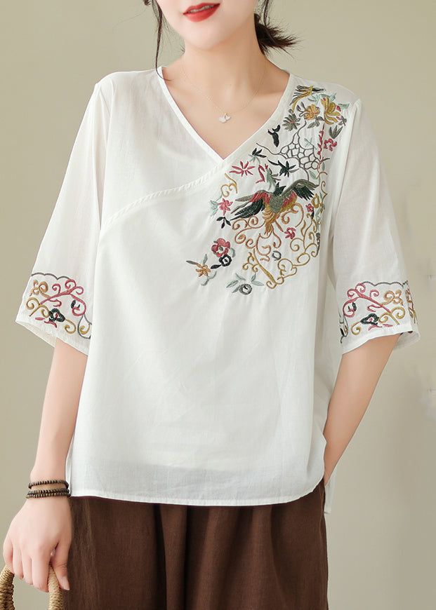 New White V Neck Embroidered Cotton Shirt SummerFabric: Cotton BlendedSize & Fit: Fit: This garment fits true to size.Length: Size XL measures 24.57"from shoulder to hemBust: Great for any cup size. Waist: Loose Fit. Comfortable room throughout midsection.Hip: Loose Fit - room for hips. Hand Wash Cold. White V-neck Embroidered Top For Spring, White V-neck Shirt With Floral Embroidery, Spring White V-neck Embroidered Top, Cotton V-neck Embroidered Top, White Cotton V-neck Embroidered Top, Summer Black, Summer Fabrics, Comfortable Room, Hand Work